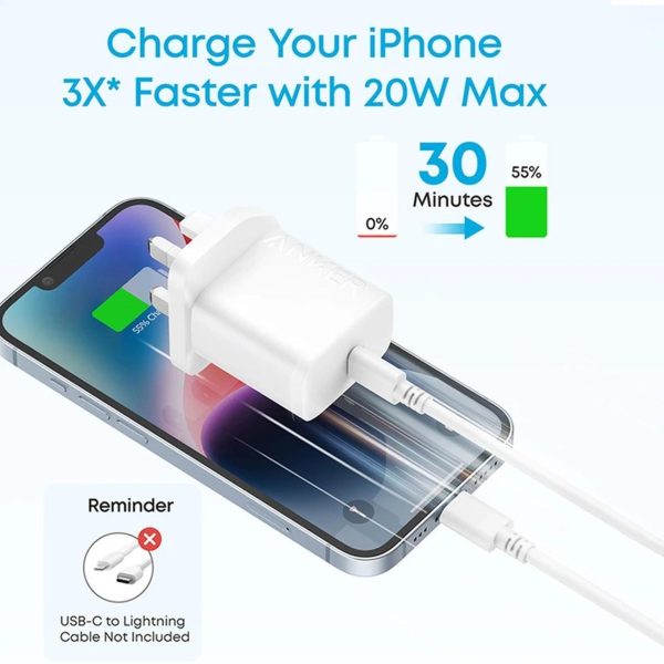 شارژر دیواری سه پین PD و فست تک پورت ANKER مدل B2347K21 20W به همراه کابل شارژ Type-C To Type-C - سفید (گارانتی 18 ماهه شرکتی) - Image 6