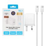 شارژر دیواری سه پین PD و فست تک پورت ANKER مدل B2347K21 20W به همراه کابل شارژ Type-C To Type-C - سفید (گارانتی 18 ماهه شرکتی)