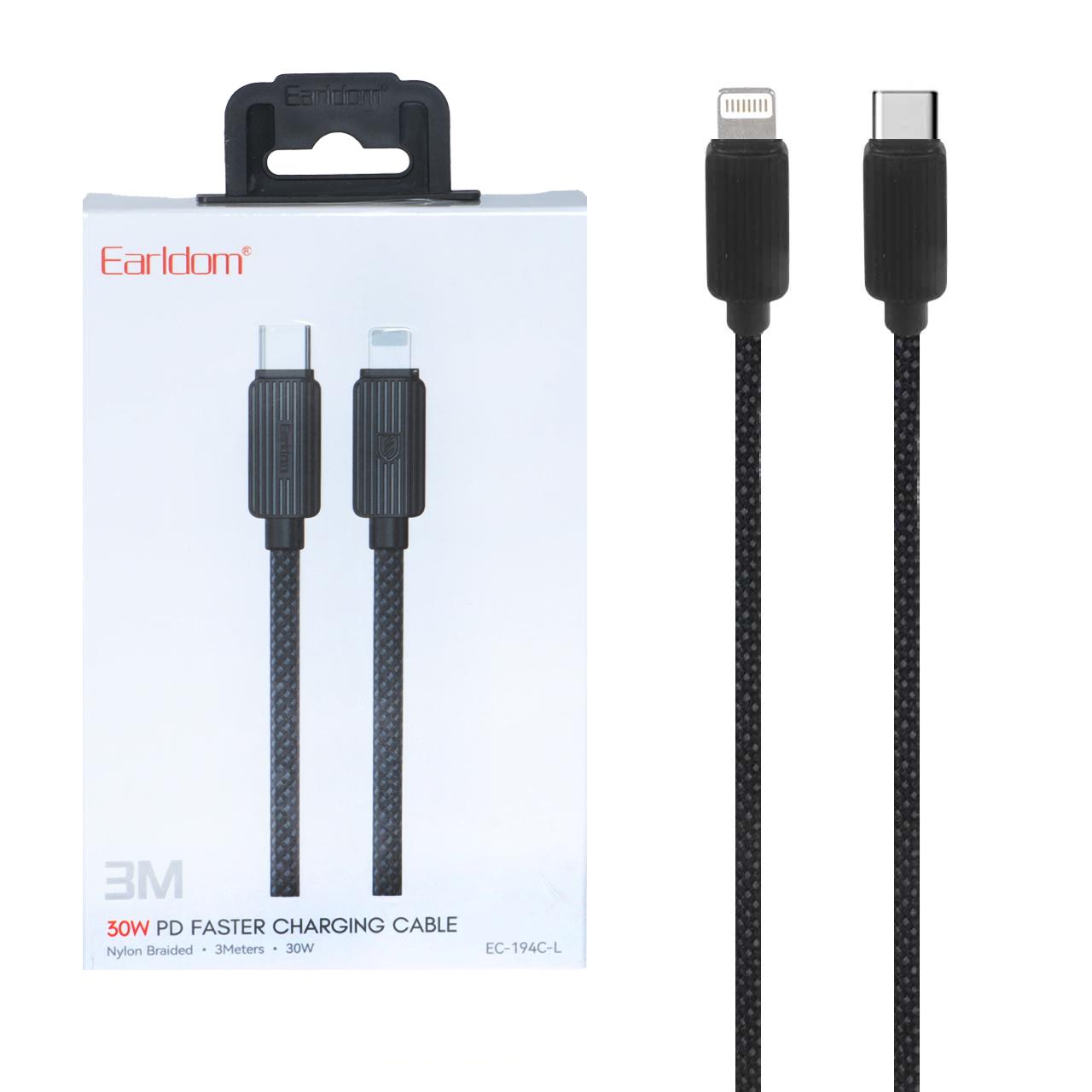 9ae59a16-e31b-46c6-92aa-828aaa1f788d کابل شارژ 3 متری PD و فست Earldom Type-C To Lightning مدل EC-194C-L 30W - مشکی - Image 1