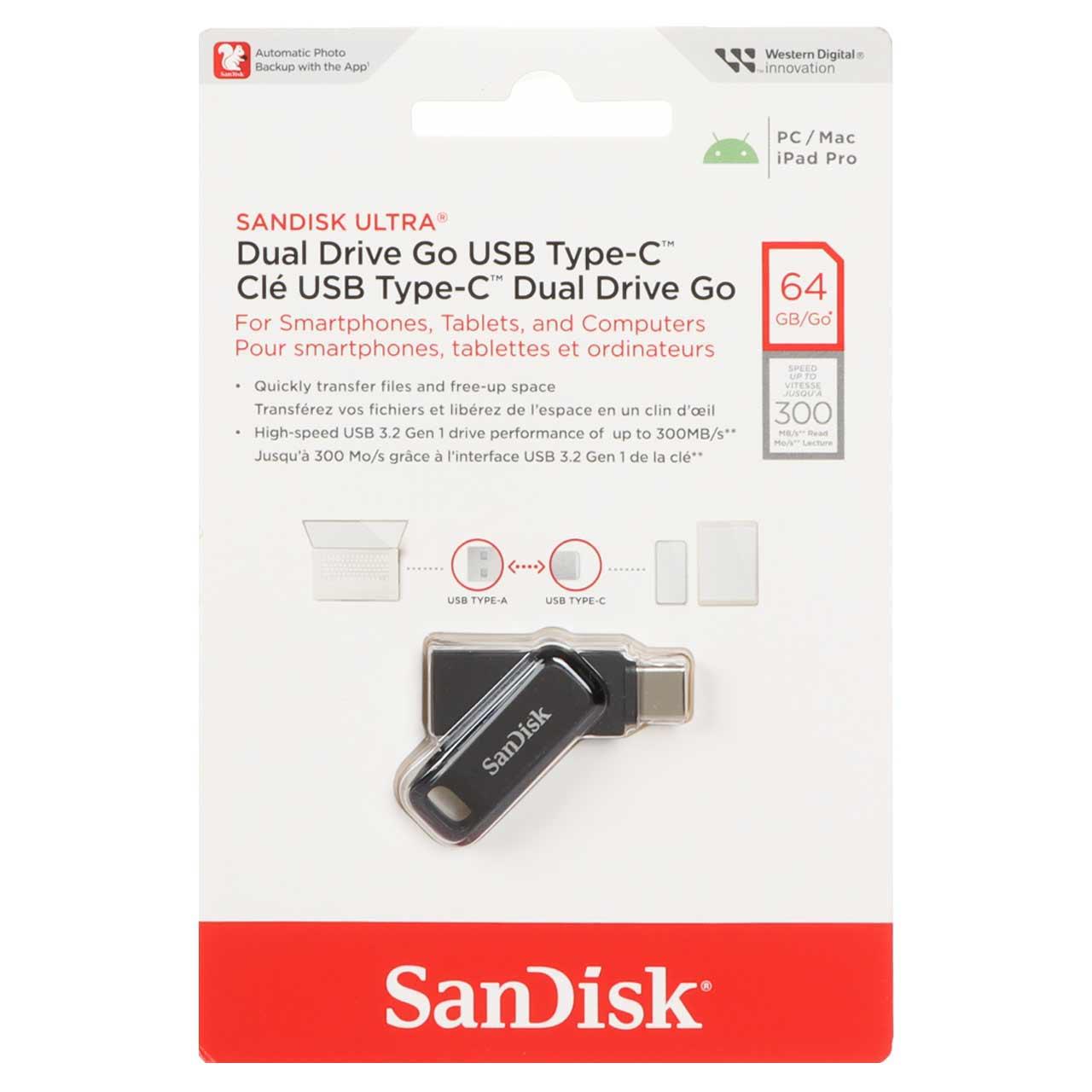 d5bc34d0-e2a1-440d-8d17-3407f288faf0 SanDisk Ultra Dual Drive Go USB Type-C USB3.2 Flash Memory (300MB/S) - 64GB (گارانتی سورین) مشکی - Image 1