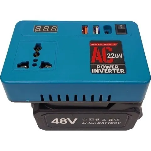 mtejSdneSrwE4K4r-Copy-1.webp اینورتر شارژی 150 وات تکپریز با باتری ۴۸ ولت و چراغ LED دو باتری - Image 1