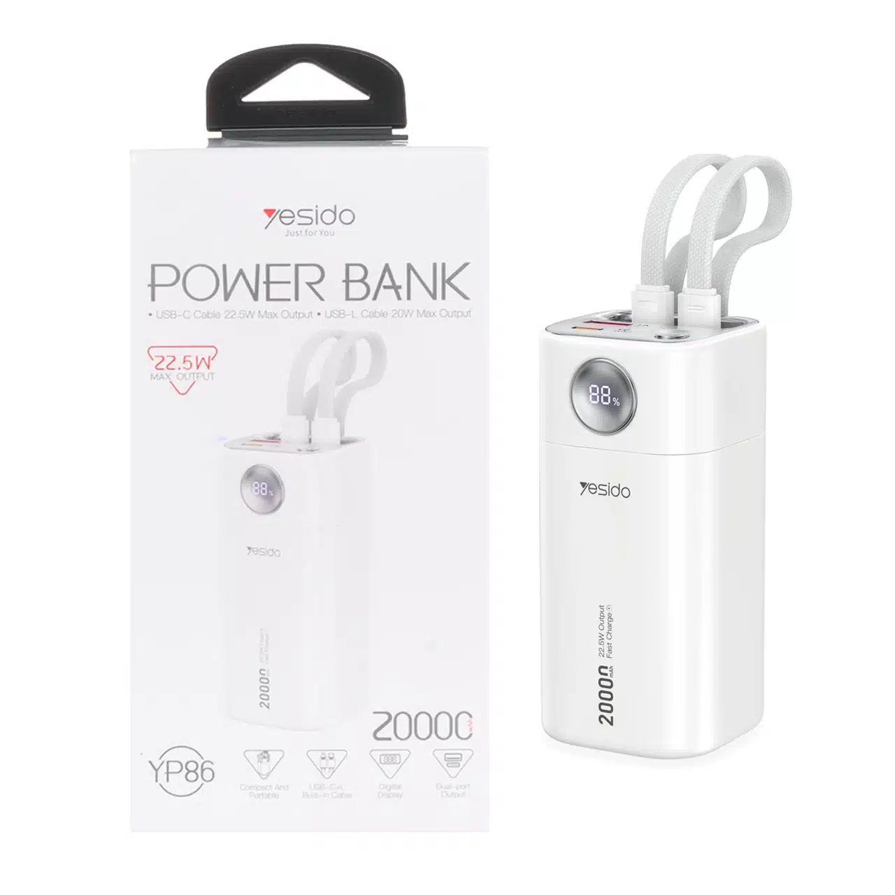 پاوربانک فست شارژ Yesido 20000mAh مدل YP86 22.5W – سفید (گارانتی 18 ماه تعویض نیکان همراه)