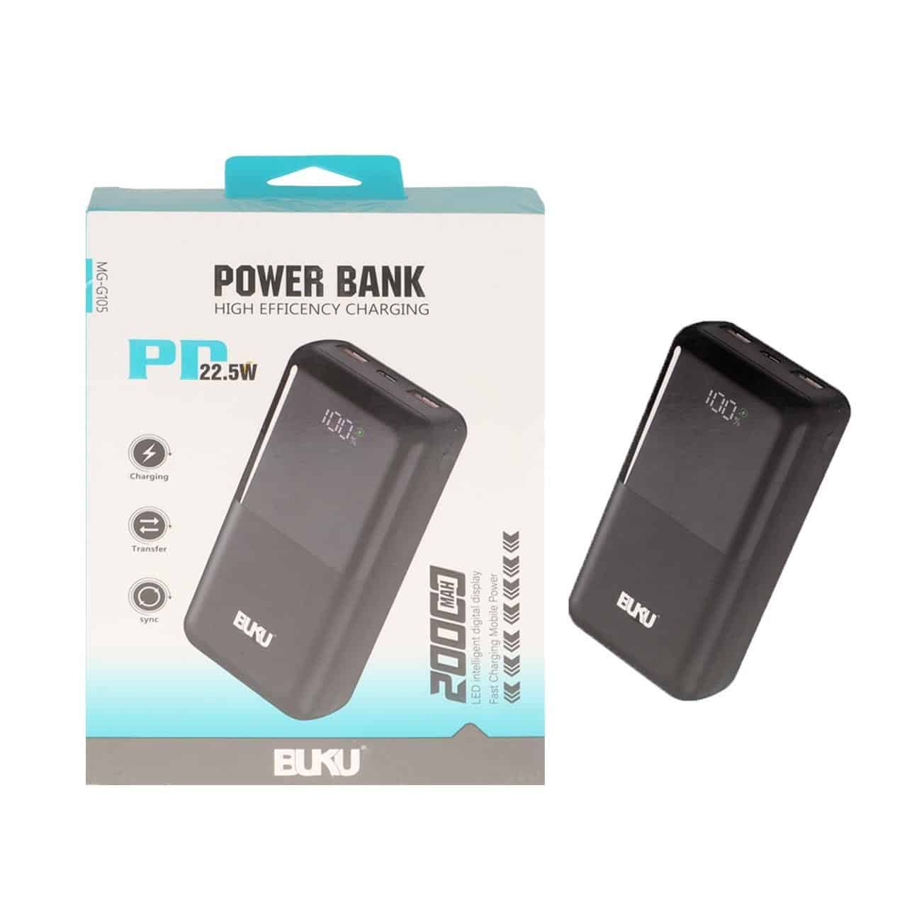 پاوربانک PD و فست شارژ BUKU 20000mAh مدل MG-G105 22.5W – مشکی – MMS (گارانتی شش ماهه YA)