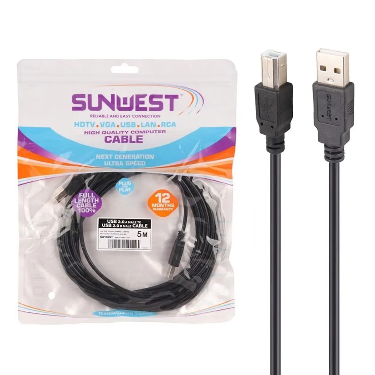 کابل 5 متری پرینتر SunWest – مشکی – TCO
