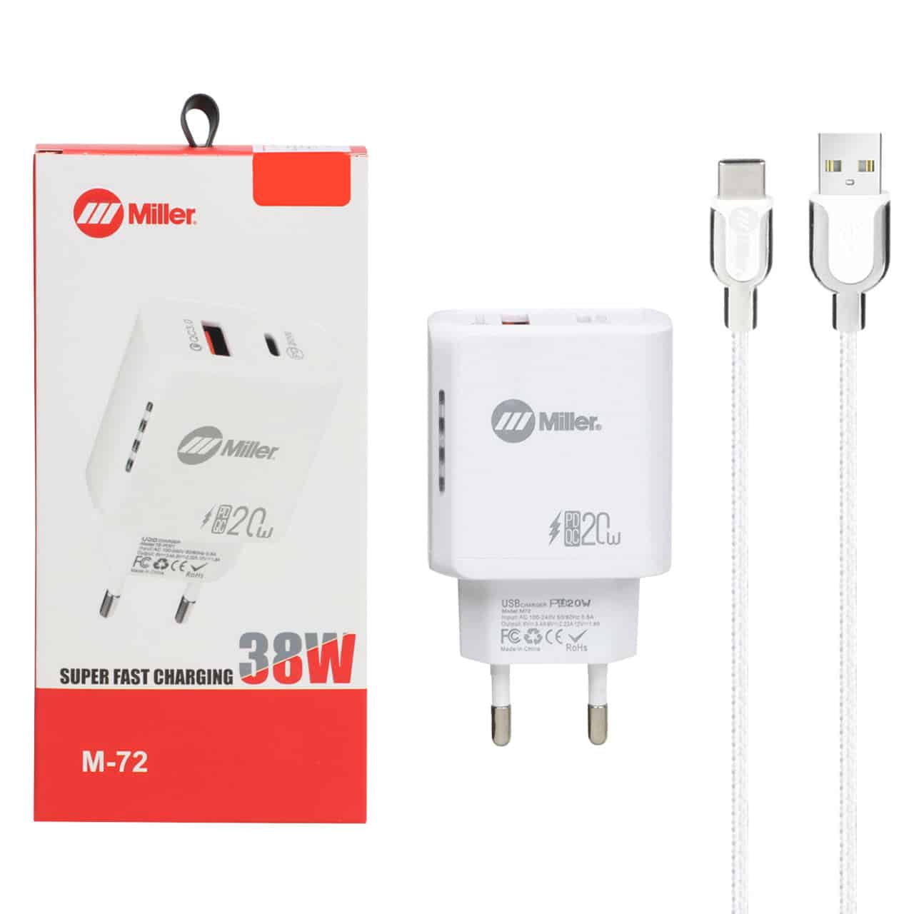 شارژر دیواری سوپر فست و PD دو پورت Miller مدل M-72 38W به همراه کابل شارژ Type-C – سفید