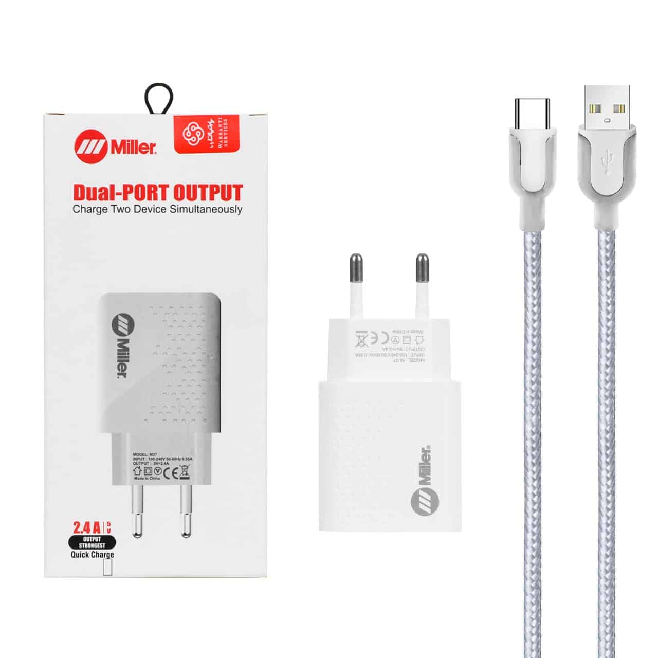 شارژر دیواری دو پورت Miller مدل M-37 12W به همراه کابل شارژ Type-C – سفید